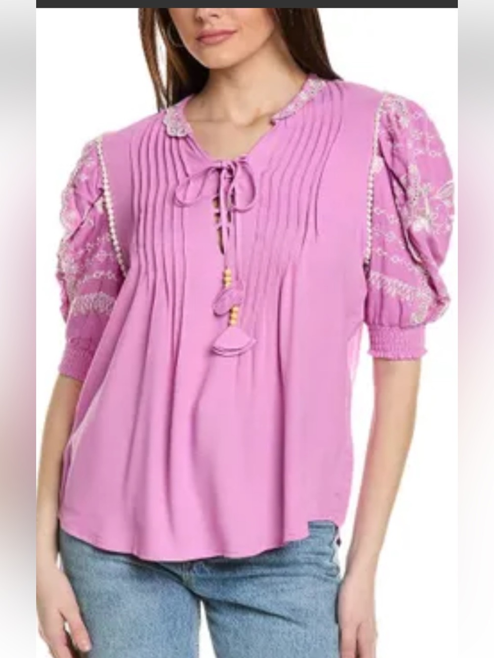 Hale Bob Lavender Pink Embroidered Puff-Sleeve Tie-Neck Blouse